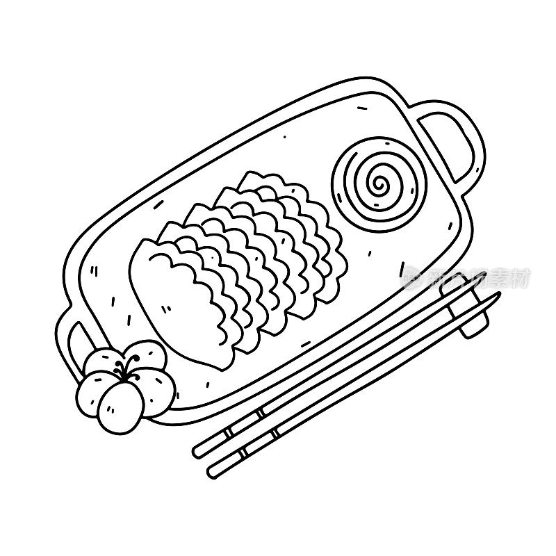 Gyoza and Chopsticks vector in hand drawn doodle style. Top view. Chinese food vector illustration.